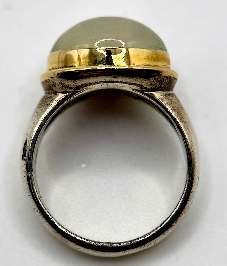 STEVEN BATTELLE MOONSTONE RING – 12×14mm cabochon, gold bezel & sterling silver