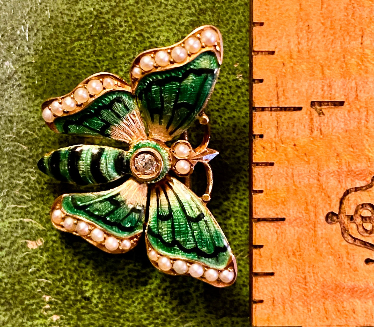 Antique Art Nouveau Butterfly Enamel Brooch | 14kt Gold, Diamond, Pearls