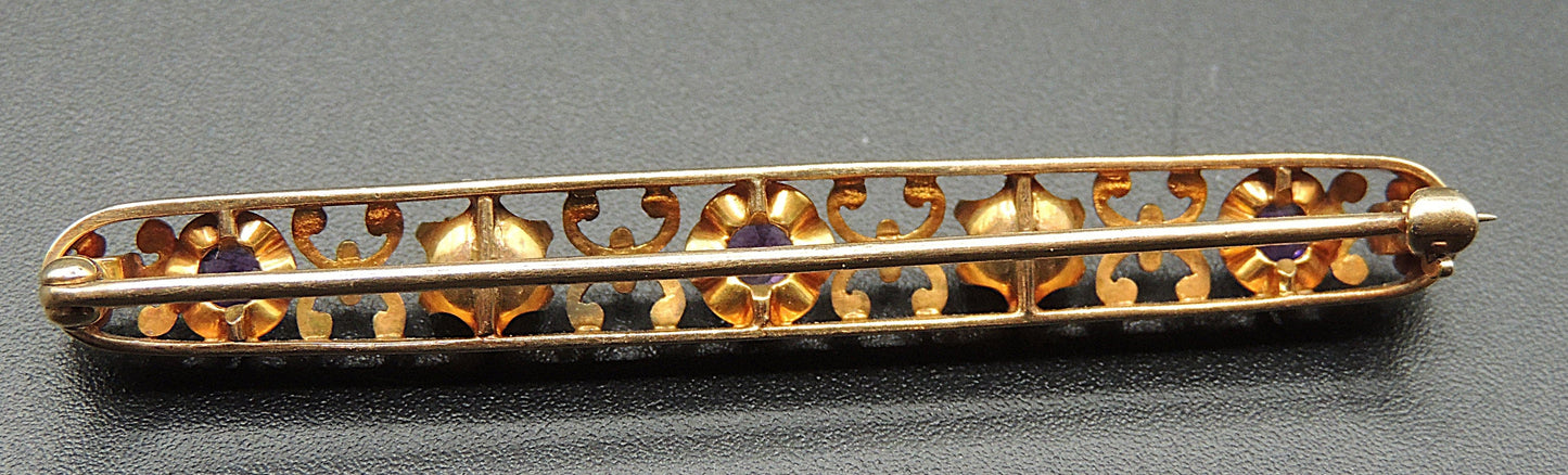 Antique Edwardian Amethyst & Pearl Brooch in Gold (c. 1905–1915)