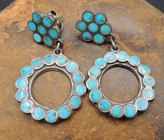 Vintage Southwestern Native American–Style Turquoise Inlay Hoop Earrings | Silver | c.1950s–60s