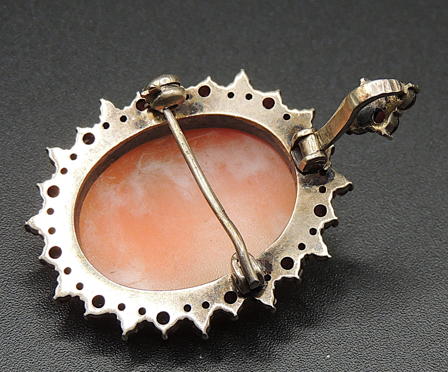 Antique Victorian Shell Cameo Brooch Pendant | Bohemian Garnet Halo | 900 Silver Gilt | c.1870–1900