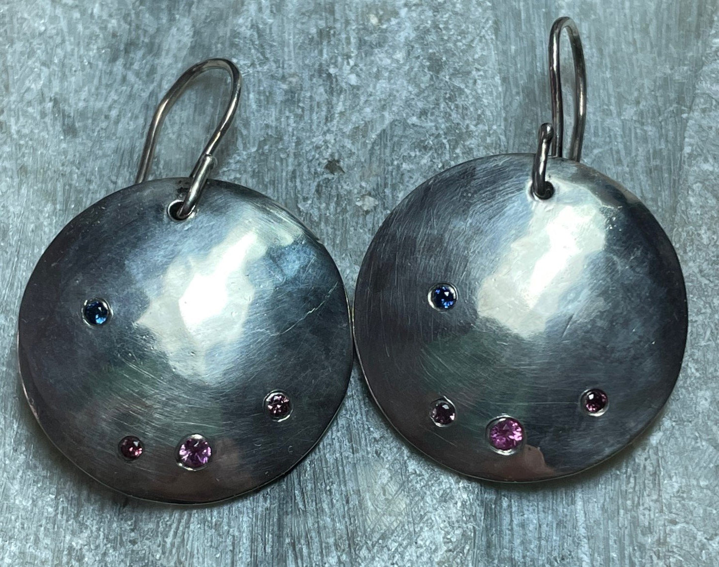 Sterling Silver Disk Earrings with Flush-Mounted Sapphires