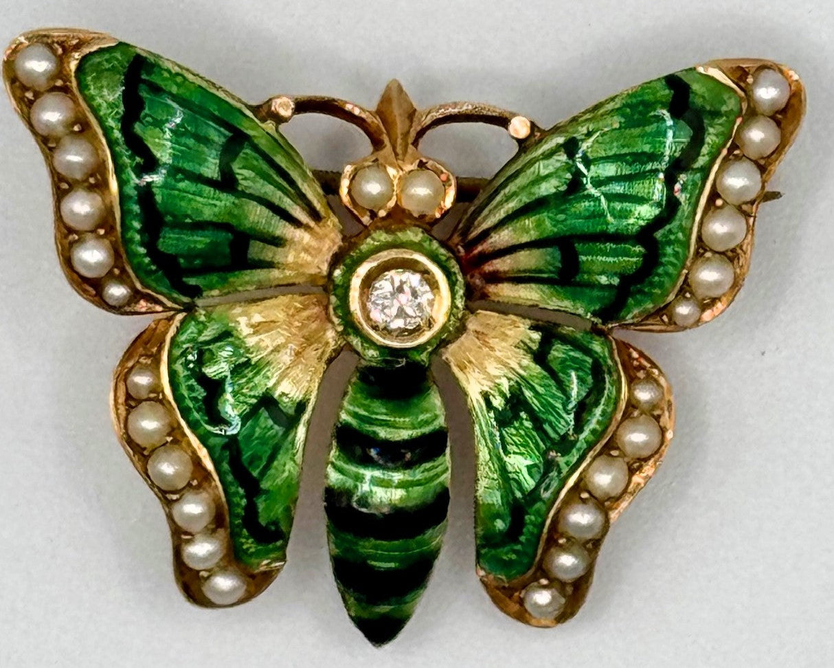 Antique Art Nouveau Butterfly Enamel Brooch | 14kt Gold, Diamond, Pearls