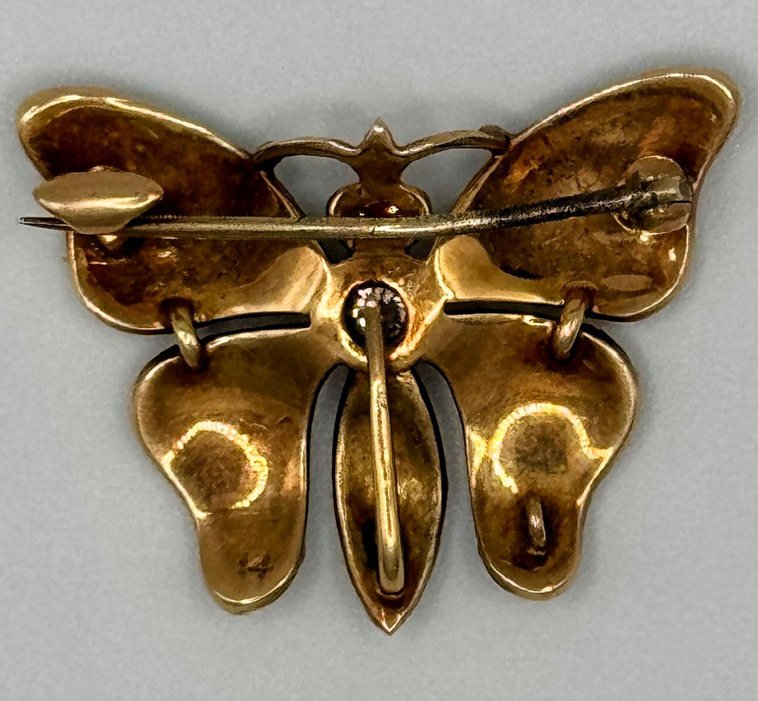 Antique Art Nouveau Butterfly Enamel Brooch | 14kt Gold, Diamond, Pearls