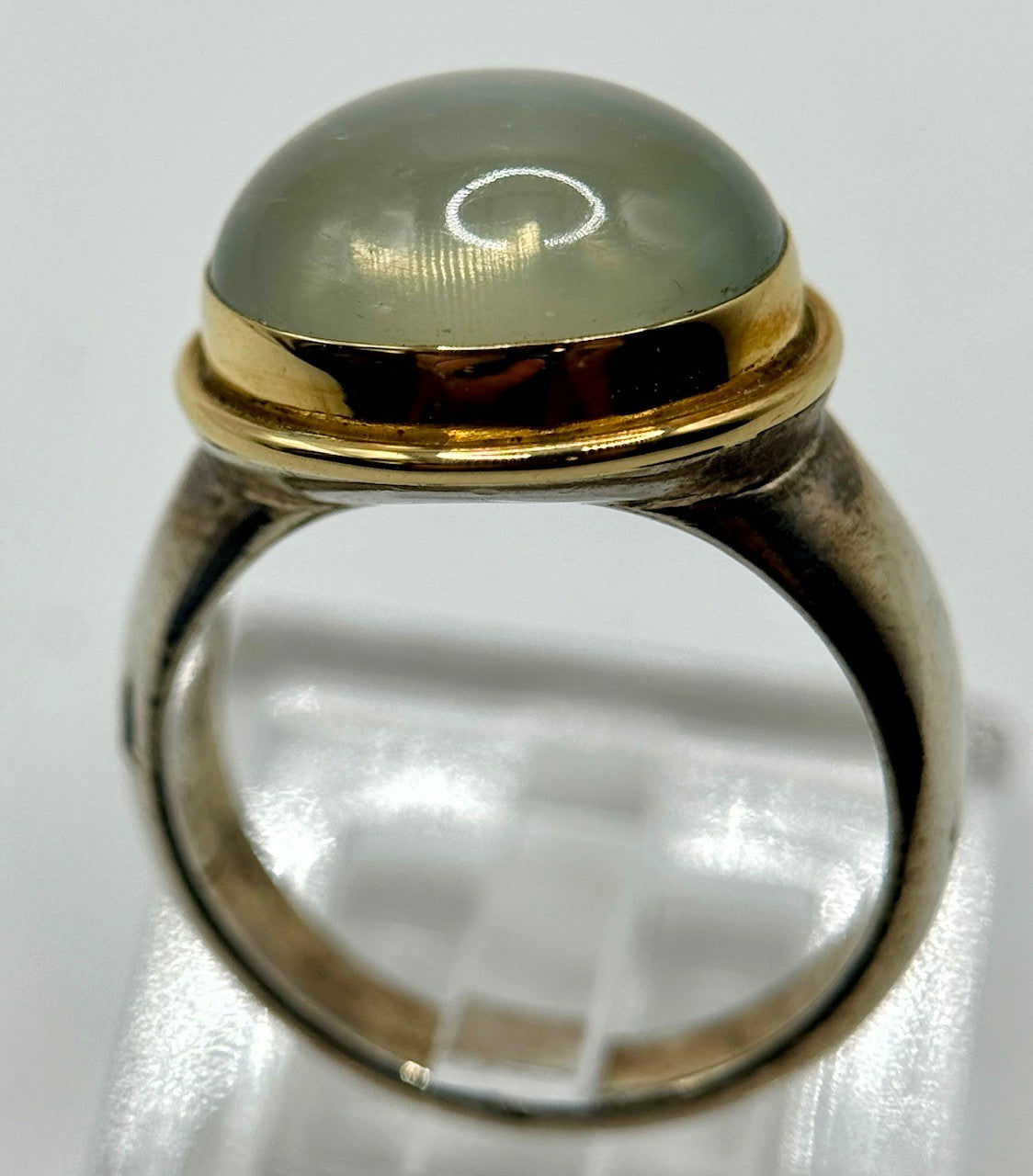 STEVEN BATTELLE MOONSTONE RING – 12×14mm cabochon, gold bezel & sterling silver