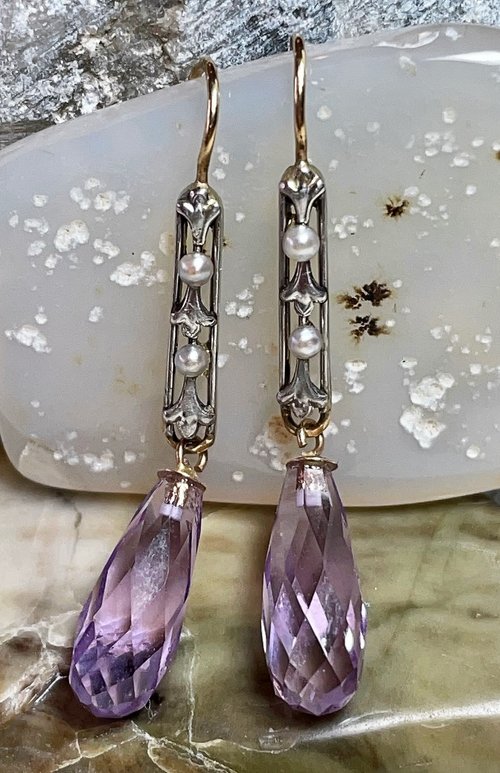 Repurposed Antique 18kt Gold Amethyst & Seed Pearl Earrings | Circa 1890-1920