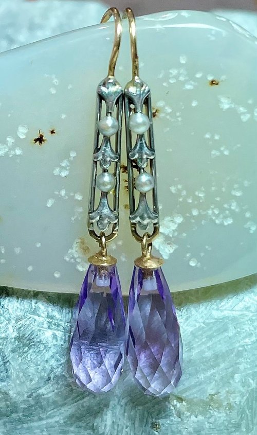 Repurposed Antique 18kt Gold Amethyst & Seed Pearl Earrings | Circa 1890-1920