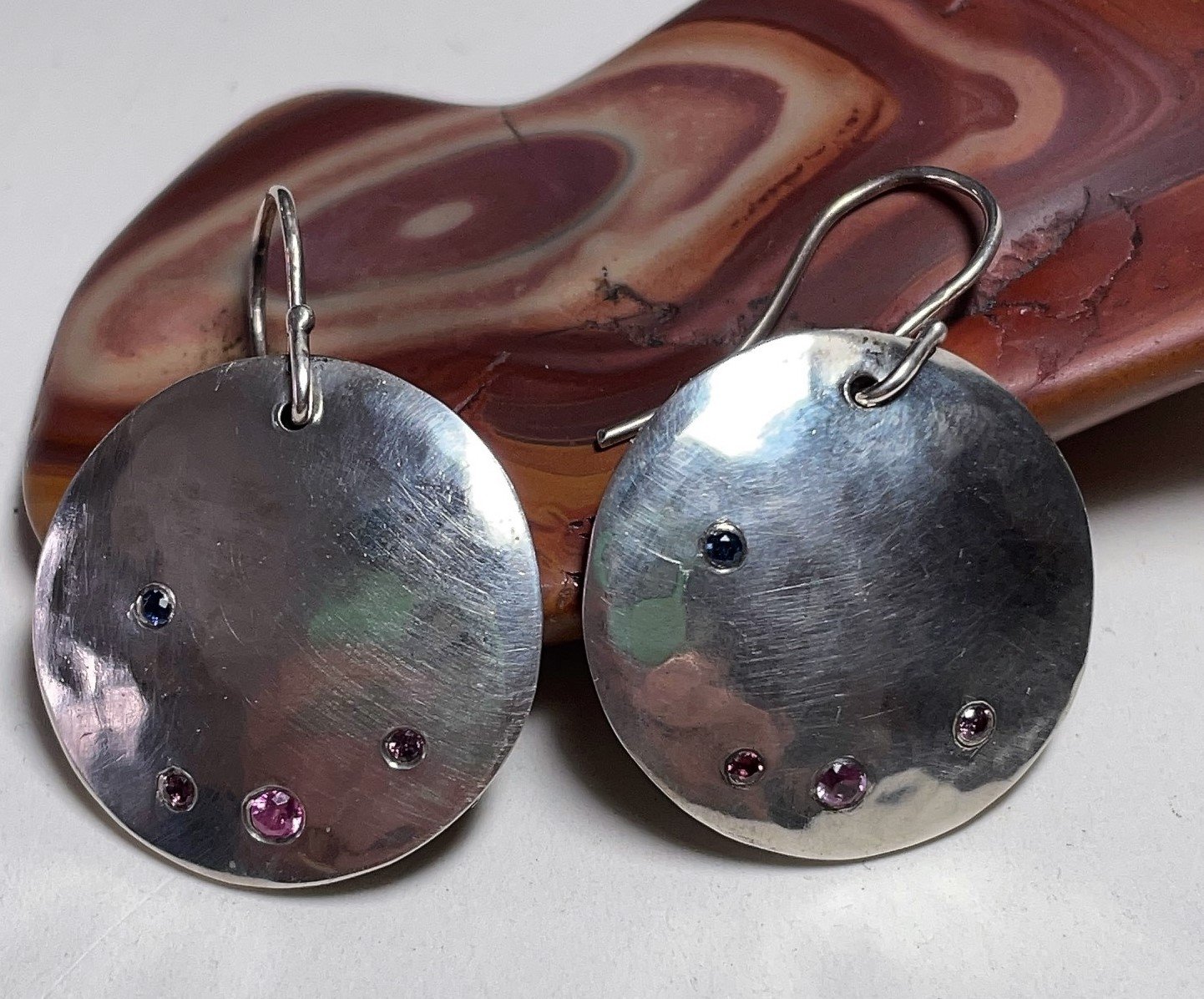 Sterling Silver Disk Earrings with Flush-Mounted Sapphires