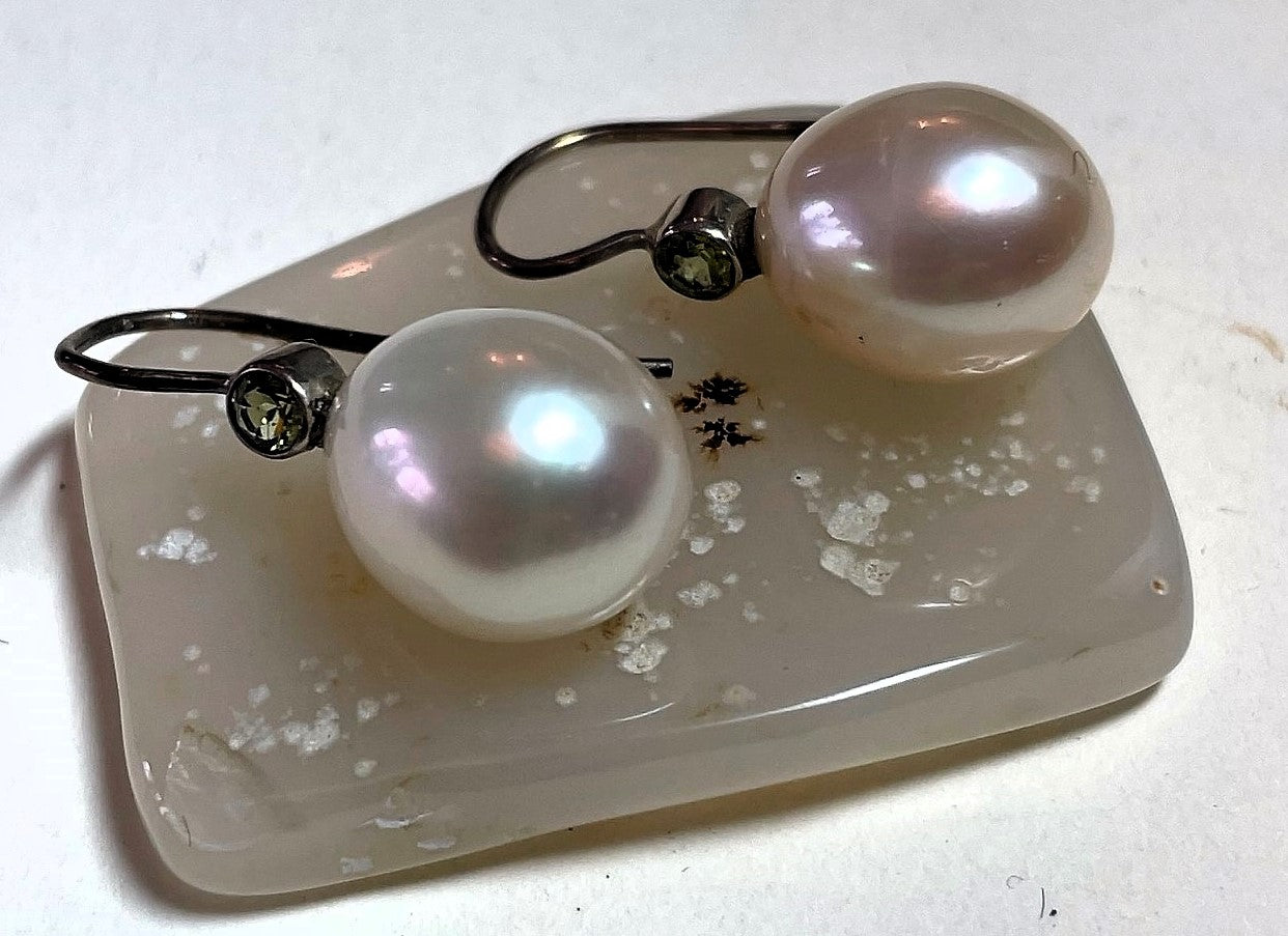 Large Pearl Drop & Peridot Earrings | Sterling Silver