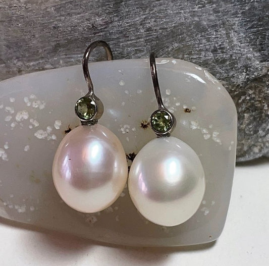 Large Pearl Drop & Peridot Earrings | Sterling Silver